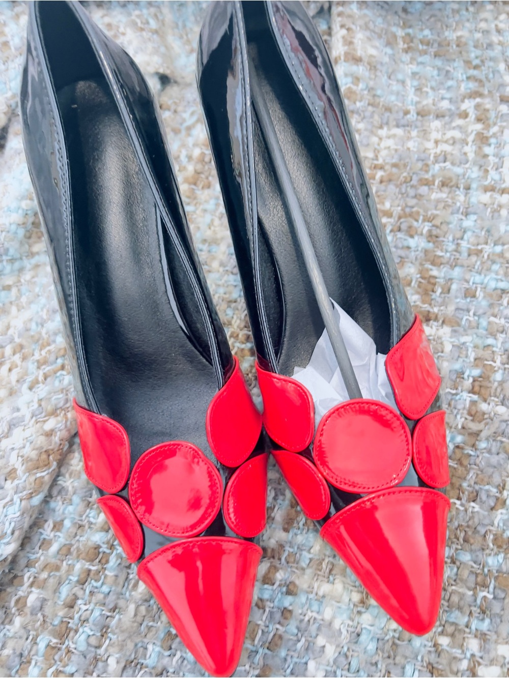 Women's Black Patent Pointed Toe Pumps with Red Accent Discs